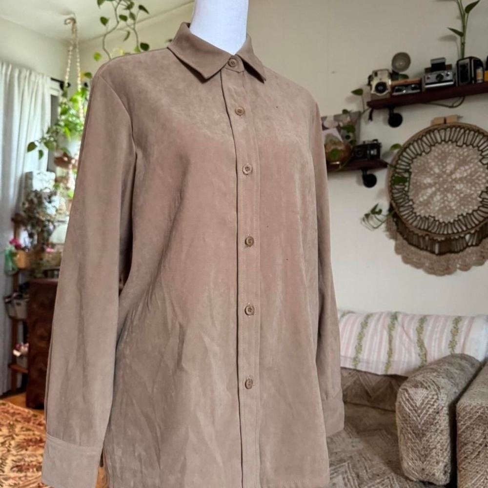 Allison Taylor Petite Faux Suede Button Down Shirt Tan Camel Long Sleeve Size M